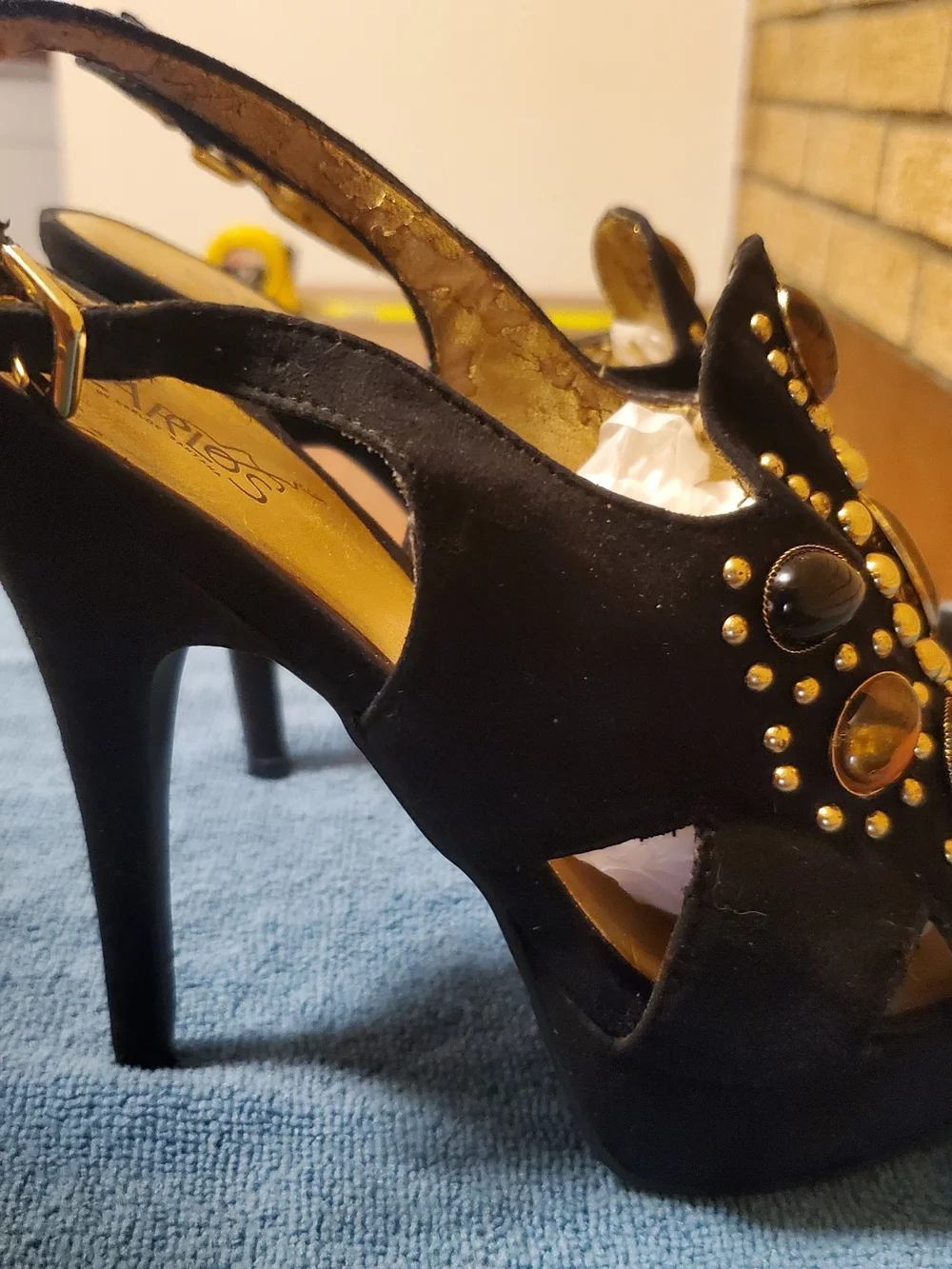 Carlos by Carlos Santana Black Suede Slingback Heels with Amber and Black Jewels